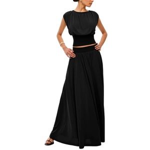 Commense Black Two Piece Set Draped Top & Flowy Midi Skirt NWT Large Pockets